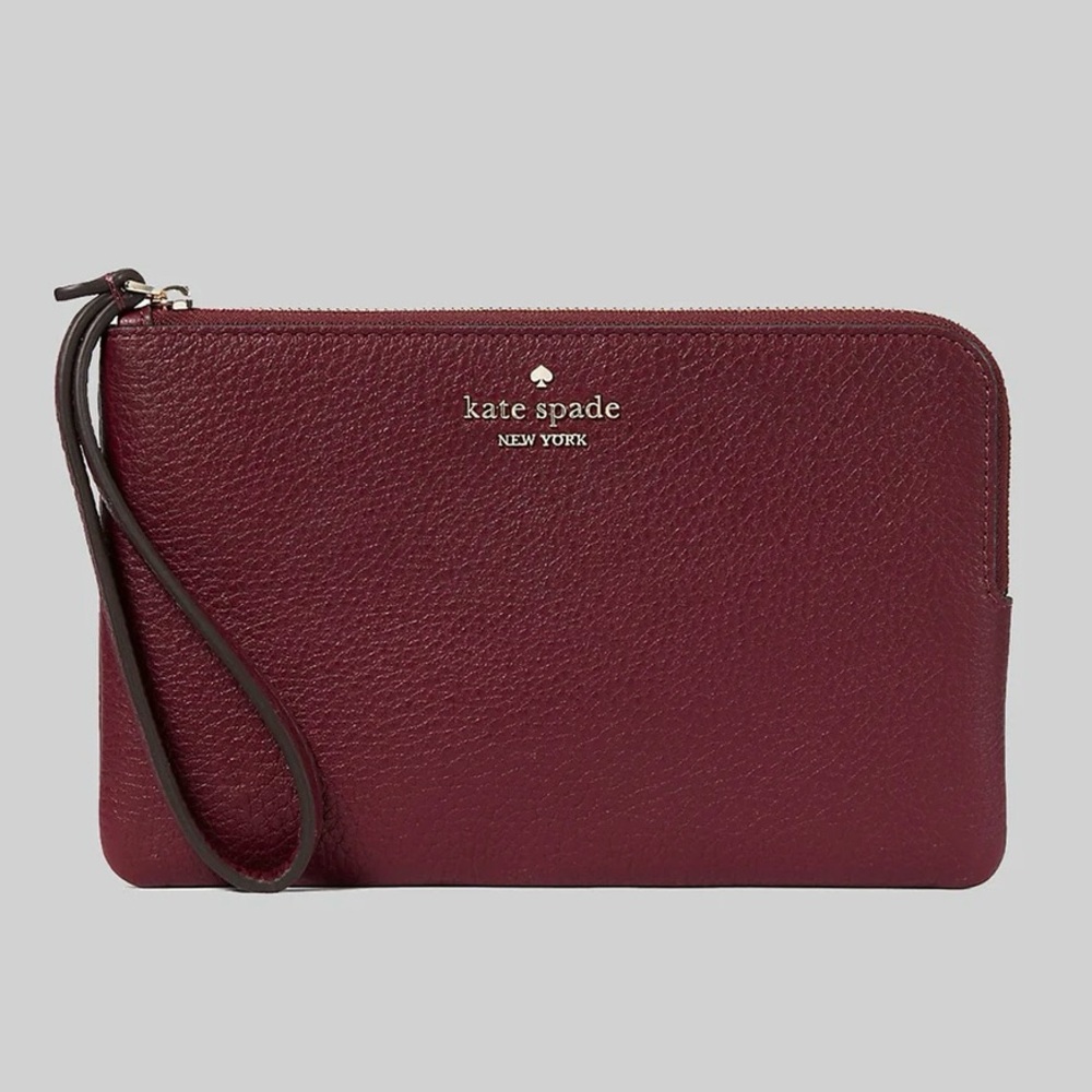 NWT KATE SPADE LEILA L ZIP PEBBLED LEATHER CLUTCH / WRISTLET IN DEEP BERRY